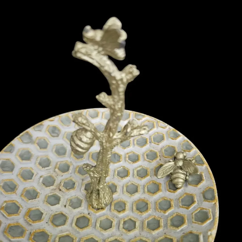 Vintage Bee Honeycomb Ring Dish Jewelry Holder Branch Tree Metal Trinket Tray